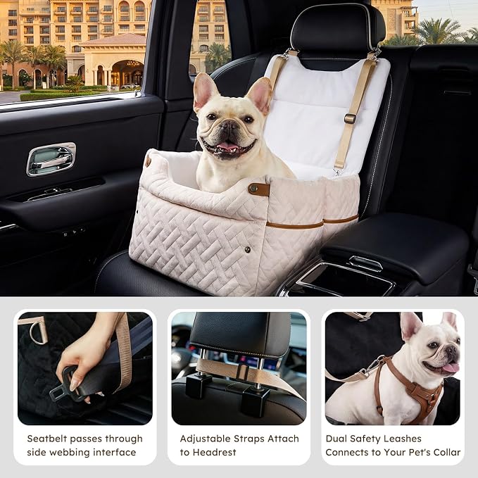 ZOMISIA Elevated Dog Car Seat for Medium Dogs, 3 Adjustable Heights with 2 Egg Crate Foam Boosters 4"+2", Dual-Sided Cooling&Plush Waterproof Cover, 2 Safety Leashes & Buckles, Beige - Image 5
