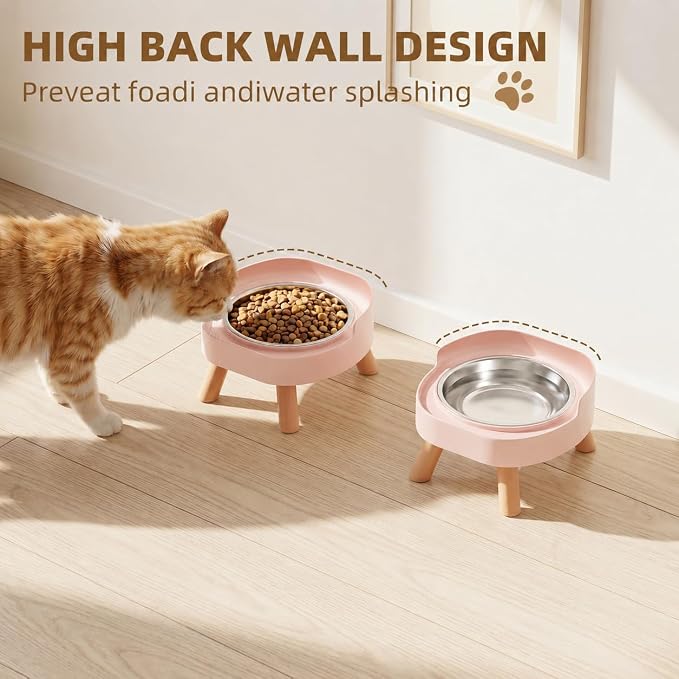 Elevated Cat Bowls, 2P Raised Cat Food and Water Bowl Set for Indoor Cats, Splash Proof with 2 Stainless Steel Pet Food Bowls for Cats ＆ Puppies, Whisker Friendly and Dishwasher Safe - Pink - Image 3