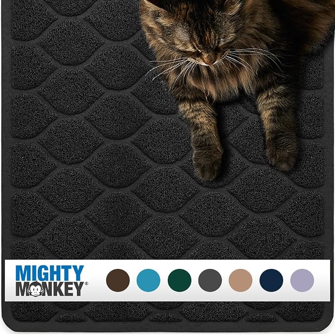 MIGHTY MONKEY Waterproof BPA Free Cat Litter Box Trapping Mat, Easy Clean Floors, Textured Backing, Soft on Sensitive Kitty Paws, Cats Accessories, Less Waste, Stays in Place, 24x17, Black by MightyMonkey