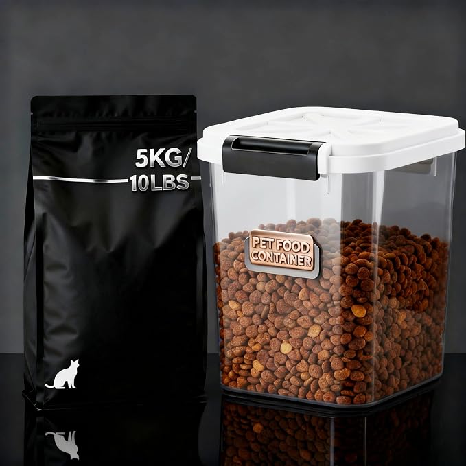 LivLab Mker 6 lb Airtight Dog Food Storage Container with Scoop, White | Airtight snap-lock lid, clear BPA-free body, and measuring cup keep dry dog or cat food, treats, cereal, and grain organized. by LivLabMker
