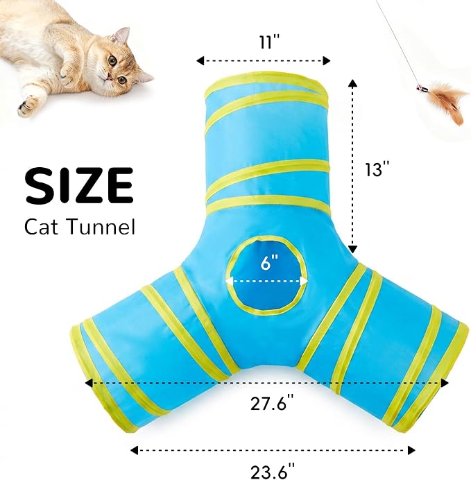 Tempcore Cat Tunnel for Indoor Cats, 3 Way Collapsible Pet Play Tunnel with Teaser Wand, Peek Holes & Hanging Ball, Interactive Tube for Kittens & Rabbits, Blue & Yellow - Image 2