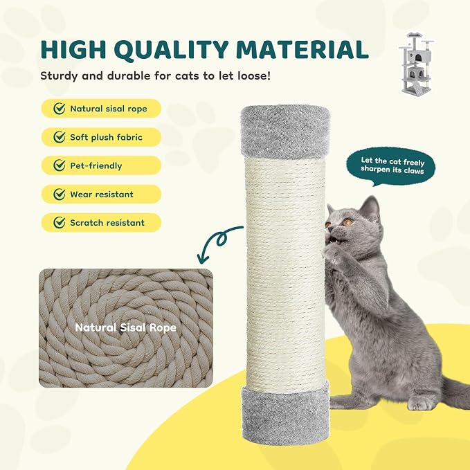 DUMOS 54 Inch Cat Tree Tower with Scratching Posts, Indoor Use | Multi-Level Pet House for Large Cats with 2 Condos, Round Platform, Small Ladder and Toys, Light Grey - Image 3