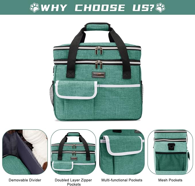 BAGLHER Dog Travel Bag for Supplies - Double-Layer Airline Approved Weekend Pet Travel Organizer Set for Dog and Cat Tote with 2 Pet Food Containers and 2 Collapsible Silicone Bowls Green - Image 3