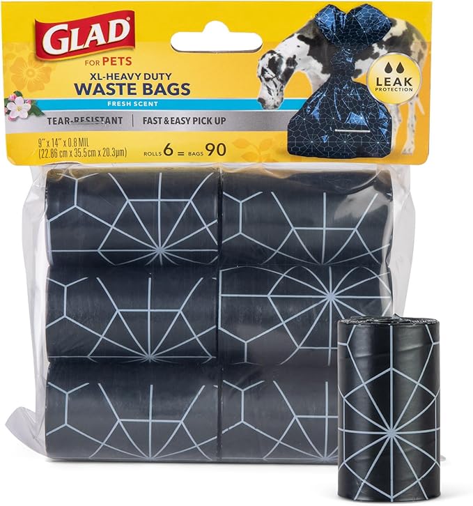Glad for Pets Extra Large Scented Dog Poop Bags, Fresh Scent, 90 Count | Heavy-duty, tear-resistant bags with easy-tie handles for walking, camping, and travel by GladTrashFoodStorage