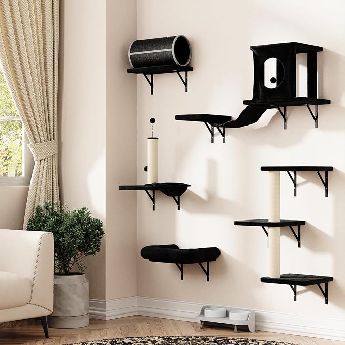 7-in-1 Cat Wall Shelves, Wall Mounted Climber Set | Cat Furniture with House, Tunnel, Bridge, Steps, Scratcher, Hammock, Shelves for Indoor, Black - Image 8