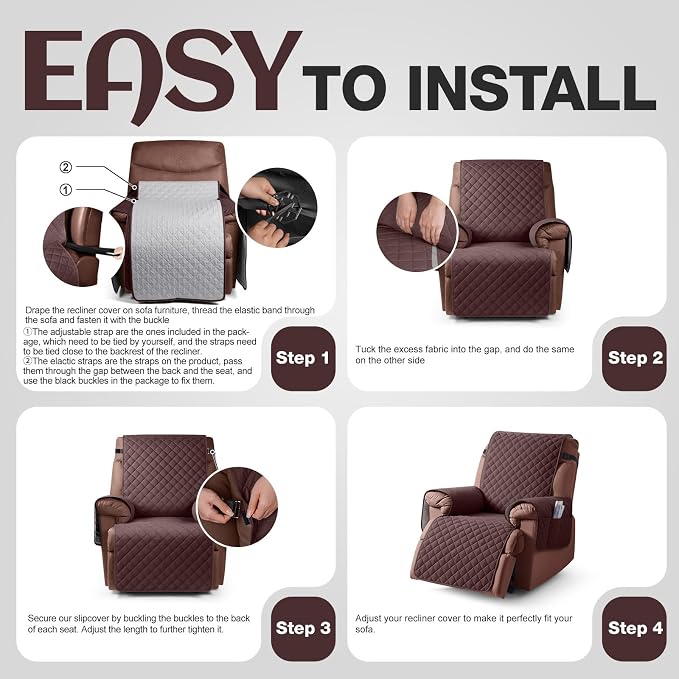 KinCam 100% Waterproof Recliner Chair Covers Washable, 25", Coffee | Anti Slip Reclining Couch Covers for Pets Dog, Recliner Sofa Slipcover Storage Pocket, Furniture Protector with Elastic Strap - Image 7
