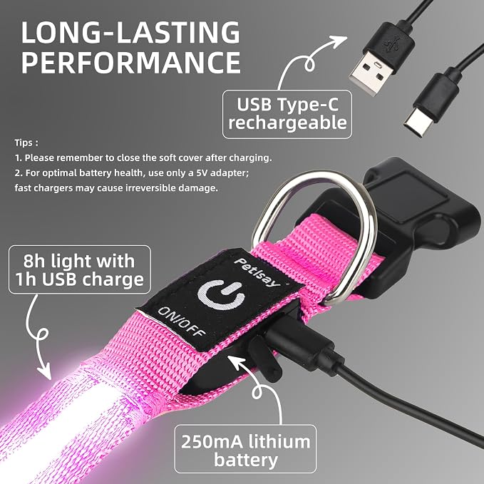 Super Bright LED Dog Collar, Waterproof Light up Collars(Pink, X-Small) | Lighted Dog Collar with Adjustable Fit, Soft Nylon Comfort, USB-C Rechargeable, Glow in the Dark Visibility for Night Walks - Image 7