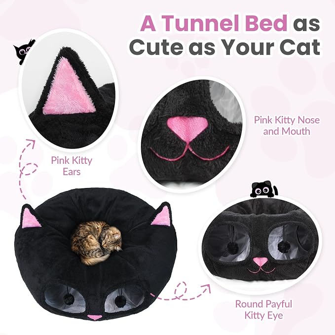 Baseola Fuzzy Cat Tunnel Bed for Indoor Cats, 2-in-1 Interactive Cat Toys | Peekaboo Cat Cave with Washable Mat, Collapsible Cat Play Tunnel for Kittens & Small Pets, Cat Donut Bed Tunnel, Black Pink - Image 5