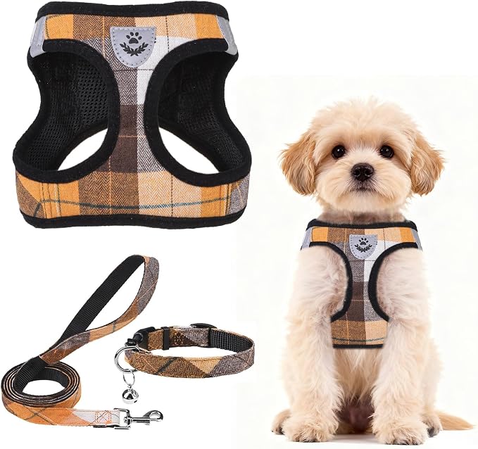 PUPTECK Dog Harness, Collar and Leash Set No Pull for Small Medium Sized | Plaid Puppy Step-in Escape Proof Reflective No Choke Pet Cat Adjustable Walking Vest by PUPTECK