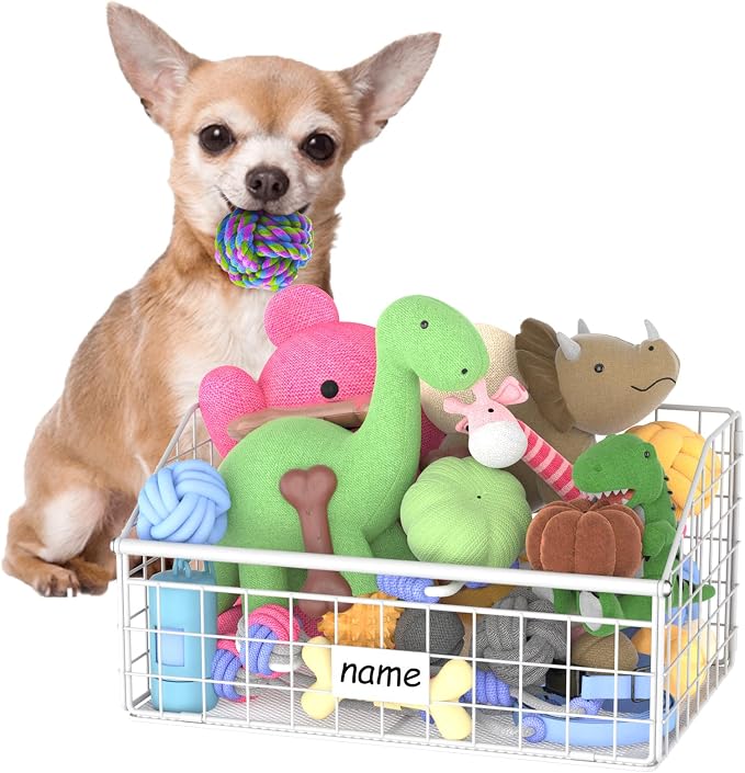 Kaiferty Indestructible Dog Toy basket, Small Toy Box for Dogs, Pet Toy Bin Dog Metal Basket for Toys, Dog Toy Storage, Dog Storage Organizer, Cat Dog Toy Box for Living Room Area (White) by Kaiferty