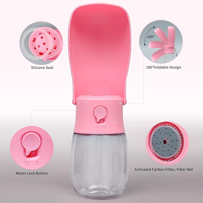 Portable Dog Water Bottle 10oz Pink | Foldable pet water dispenser, food grade plastic, ease to use for outdoor walking, hiking, travel - Image 2