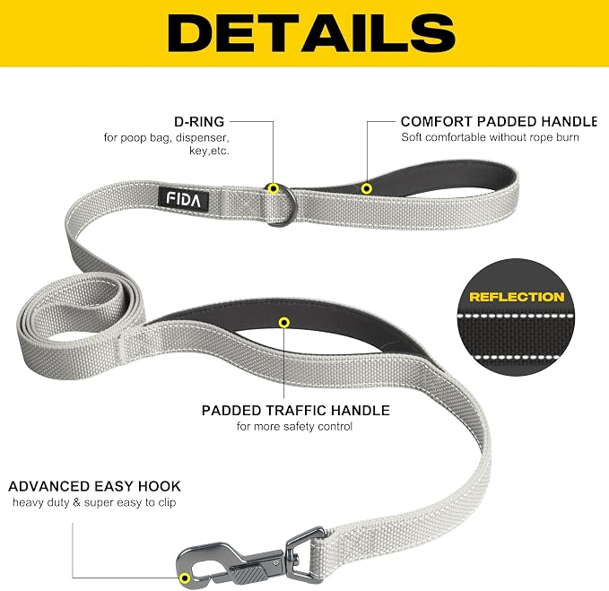 Fida Heavy Duty Dog Leash for Medium Large Dogs, 5 FT, Dual Padded Handles | Traffic Handle for Close Control, Advanced Easy Snap Hook, Reflective, Strong Nylon Webbing for Daily Walks & Training, Grey - Image 2