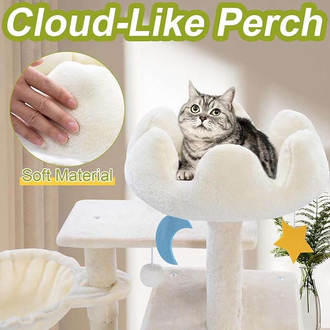 Cat Tree Tower with Hammock,40"Cat Trees for Indoor Cats Large Adult(White) | Modern Cat Tree Tower with Scratching Post, Cats Condo Furniture with Cloud Top Perch, Cats Climbing Tower for Kittens - Image 3