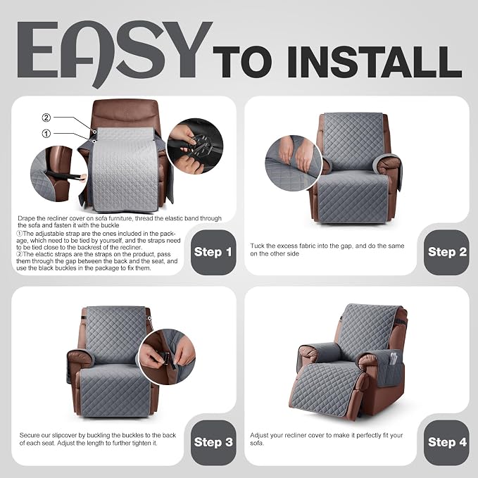 KinCam 100% Waterproof Recliner Chair Covers Washable, 30", Dark Gray | Anti Slip Reclining Couch Covers for Pets Dog, Recliner Sofa Slipcover Storage Pocket, Furniture Protector with Elastic Strap - Image 7