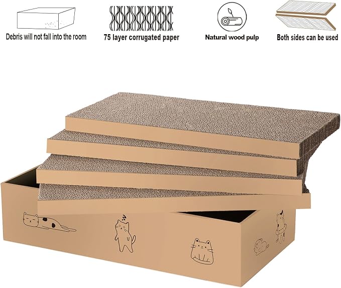 4 Packs in 1 Cat Scratch Pad with Box, Cat Scratcher Cardboard,Reversible,Durable Recyclable Cardboard, Suitable for Cats to Rest, Grind Claws and Play with Scratch Box - Image 5