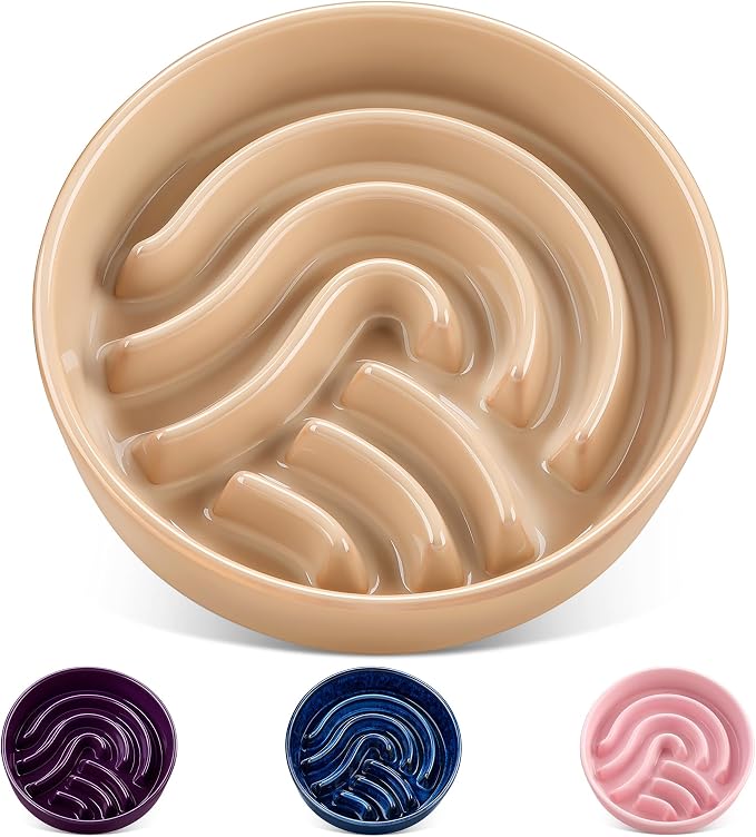 vancasso Slow Feeder Dog Bowl, 3 Cup Ceramic Slow Feeding Food Dish for Large Breed, Puzzle Dog Food Bowl for Fast Eater, Brown by vancasso