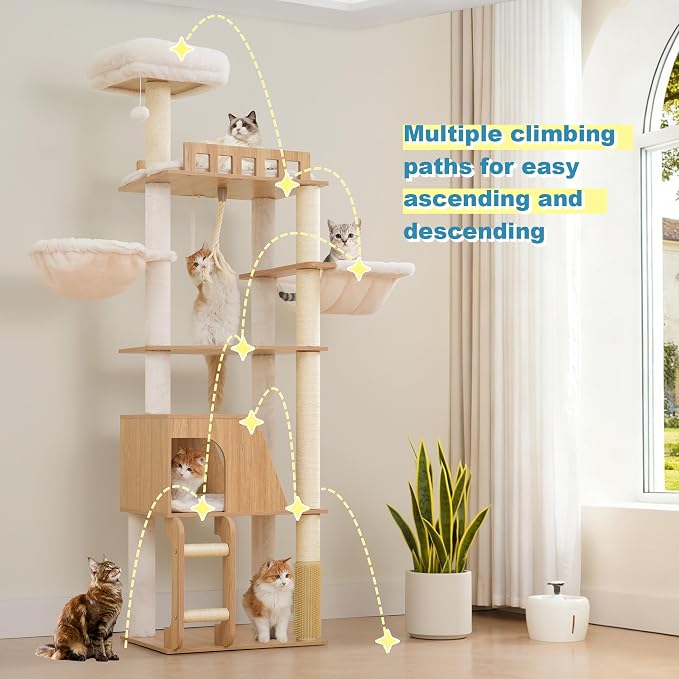 Hey-brother Wooden Cat Tree, Furniture Tower with Large Platforms, MPJ121BT | 69.7 inch, Modern Full Sisal Scratching Posts, Hammocks, Spacious Condo, Ladder, Brush, Water Proof Surface, White Oak - Image 9