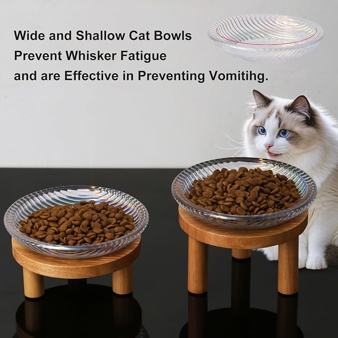 Cat Bowls Whisker Friendly with Wooden Stands. Raised Elevated Glass Whisker Fatigue Cat Bowl for Indoor Cats. 2PCS (Rainbow Colors) - Image 5