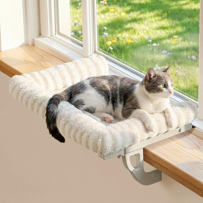 Zakkart Mellow Cat Perch for Windowsill, Hook-On or Screw-On Installation Pet Window Perch, Machine Washable Bed, Heavy Duty Cat Hammock Shelf for Large Cats, Holds up to 40 lbs (Beige, Large) by Zakkart
