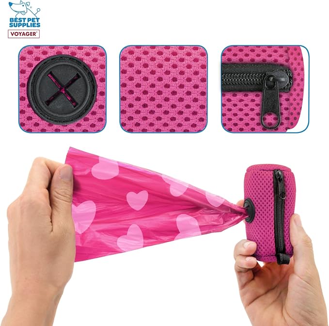 Best Pet Supplies Dog Poop Bag Holder Leash Attachment with 15 Bags, Fuchsia, Reusable Mesh Dispenser Pouch for Travel, Walking, Park, and Outdoor Use, Soft and Durable with Clip-On (Pack of 3) - Image 3