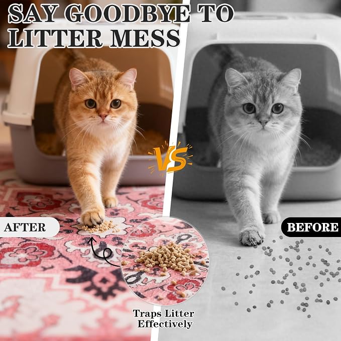 EXPAWLORER Cat Litter Mat, 20”x32” Small Non-Slip Urine Waterproof Litter Trapping Mat Easy to Clean Washable Litter Box Mat for Floor Soft on Kitty Paws, Indoor Food Mats Rug Pads for Bathroom Pink - Image 3