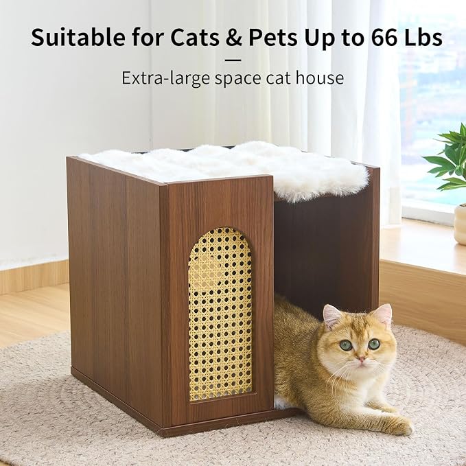 Wooden Indoor Cat House Suitable for Pets Under 66 Lbs, for Large Cats, Sturdy & Durable Semi-Enclosed Cat Bed Condo with Removable Washable Plush Cushion,Easy Video Assembly - Image 2