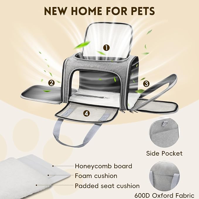 Cat Carrier Soft, Dog Carriers for Small Dog/Large Cat (Up to 16lb) | with High Breathability, Shoulder Strap, Waterproof Mat, Pet Carrier Airline Approved, for Home Outdoor Travel (Gray) - Image 3