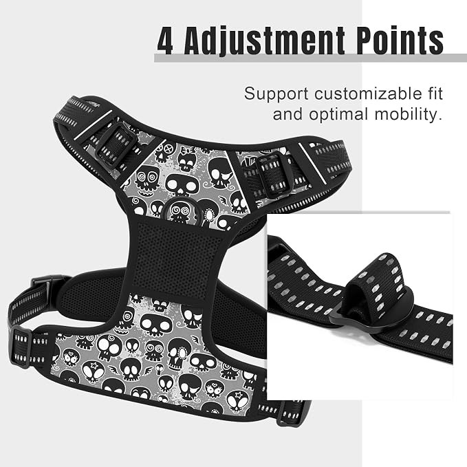 Rnivvi No Pull Dog Harness, Cute Reflective Small Sized Puppy Kitten Harness, Adjustable Soft Padded Vest for Small Dogs, Cats, Heavy Duty Pet Vest with Easy Control Handle for Walking, Black Skull - Image 3