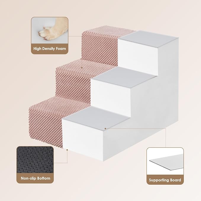EHEYCIGA Dog Stairs for Small Dogs 13.5" H, 3-Step Dog Steps for Cats, Pink | Pet Steps for Couch Sofa and Chair, Non-Slip Balanced Pet Ramp Indoor - Image 3