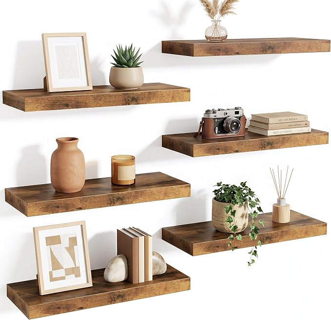Fixwal Floating Wall Shelves for Decor (Rustic Brown, Set of 6, 15.7 Inch) | MDF Shelves with Metal Brackets, Space Saving for Books, Decor, Works in Bathroom, Kitchen, Living Room, Bedroom by Fixwal
