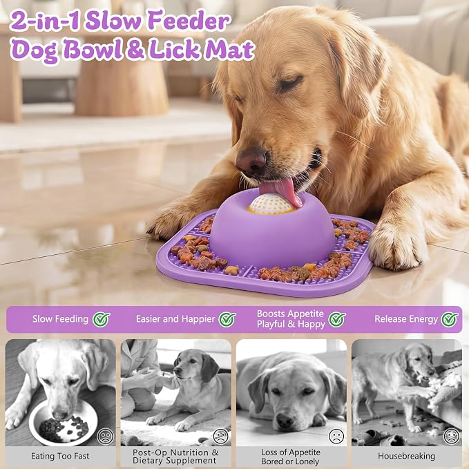 Slow Feeder Dog Bowls & Lick Mat for Liquid and Thick Treat, Anti-Slip Dog Lick Bowl with Interactive Rolling Ball, 5/6 Cup Pup Licking Toy for Large Medium Small Dogs and Cats-Large Purple - Image 2