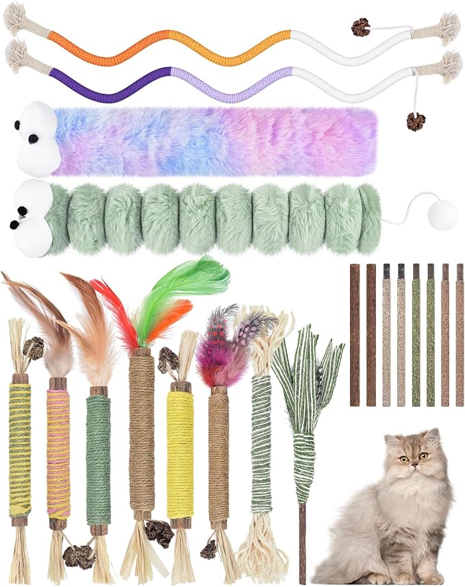 Bissap 20 PCS Silvervine Chew Sticks for Cats, Catnip Chew Ropes Cat Toys for Indoor Cat Kitten Teeth Grinding Interactive Feather Toys for Aggressive Chewers Dental Care by Bissap
