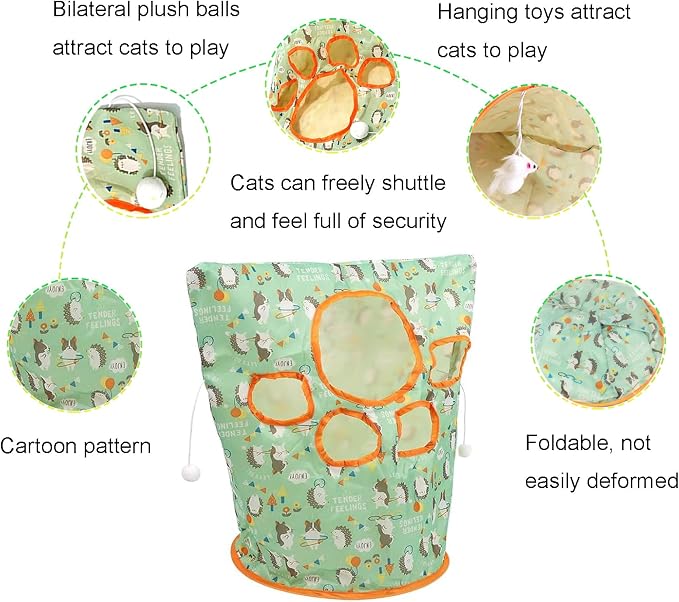 Cat Tunnel Bag for Indoor Cats, Foldable Pet Tunnel Crinkle Sack Bag with a Little Mouse & 3 Toy Ball, Portable Crinkle Paper Interactive Hide and Seek Cat Toys (Green) - Image 3
