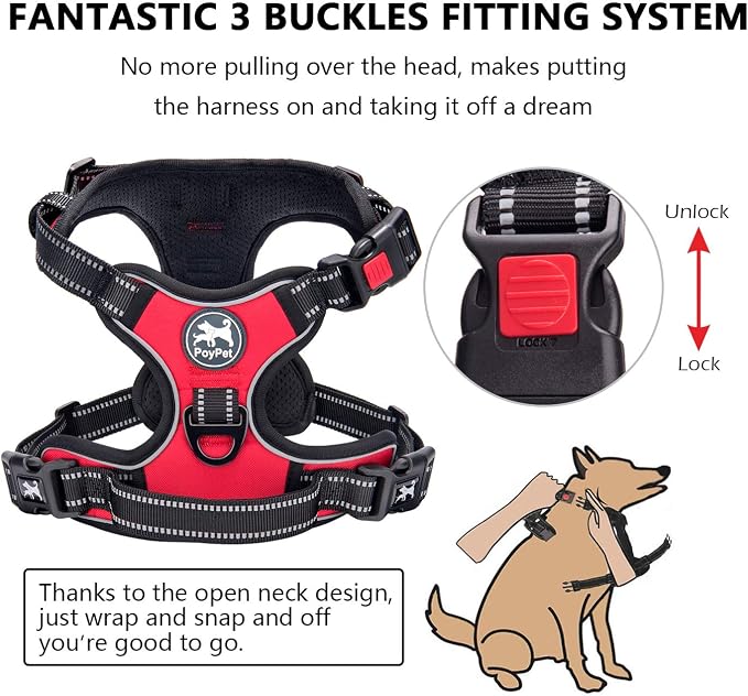 PoyPet No Pull Dog Harness Large with Front Clip & Neck Release Buckle | No Choke, Adjustable Vest, Reflective, Back Clip, Lockable, Soft Padded, Easy Control Handle for Walking Training, L, Red - Image 2