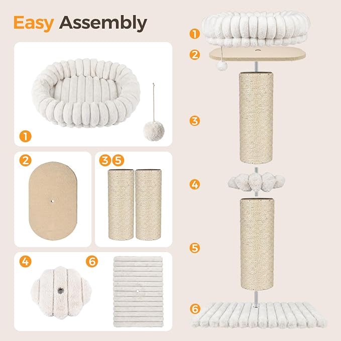 Avont 28.7" Sisal Cat Scratching Post with Large Plush Perch, Cream | Large Cat Scratcher Tower & Plush Elevated Cat Bed with Removable & Washable Cover, Sturdy Cat Perch for Indoor Cats - Image 8