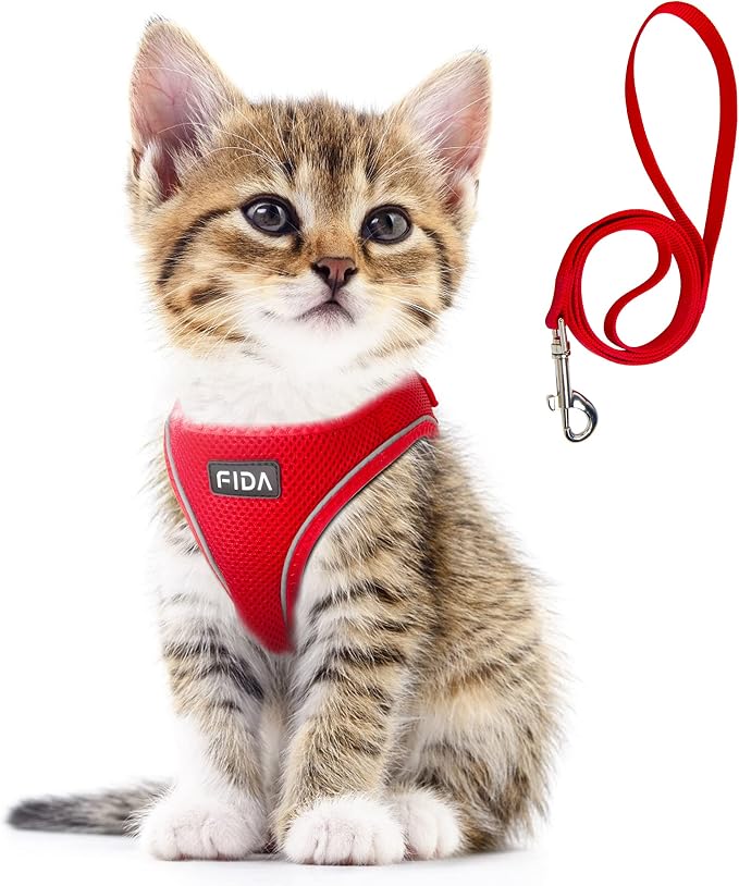 Fida Cat Harness and Leash Set for Walking Kitten and Puppy, Escape Proof Kitten Harness with Breathable Lightweight Soft Mesh, Adjustable Reflective Step-in Design for Kitten and Puppy.(XXXS, Red) by Fida