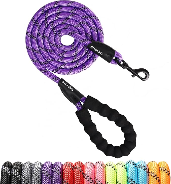 Rttochfy Rope Dog Leash 2/4/5/6/8/10 FT with Comfortable Padded Handle and Highly Reflective Threads for Small Medium and Large Dogs Heavy Duty (1/2"-6 FT, Purple) by Rttochfy