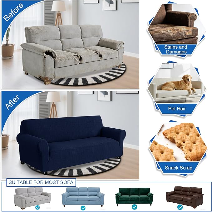 MAXIJIN Waterproof Oversized Couch Cover 4 Seater, 1 Piece Stretch Extra Large Sofa Covers with Non-Slip Elastic Bottom, Washable Furniture Protector for Dogs Pets (X-Large, Navy Blue) - Image 6