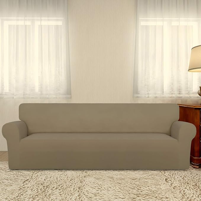 PureFit Stretch Couch Covers for Sofa 4 Seater Slipcovers Tan | 1-Piece Sofa Cover Washable Soft Couch protector, Couch Slipcover with Non Skid Foam and Elastic Bottom for Kids, Dogs - Image 2