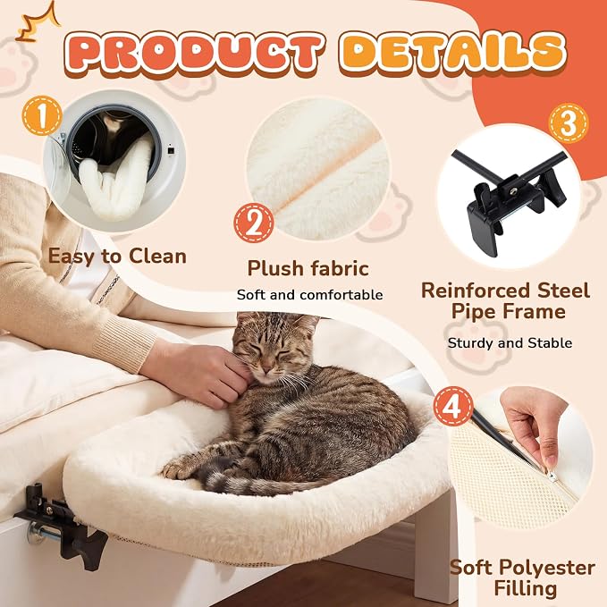 Lewtemi Bedside Pet Bed, Hanging Cat Hammock Attached to Bed or Desk, Adjustable Lounge with Heavy Duty Metal Frame, Soft Plush Guardrail, Stable Supports up to 44 Lbs for Large Cats(Cream) - Image 5