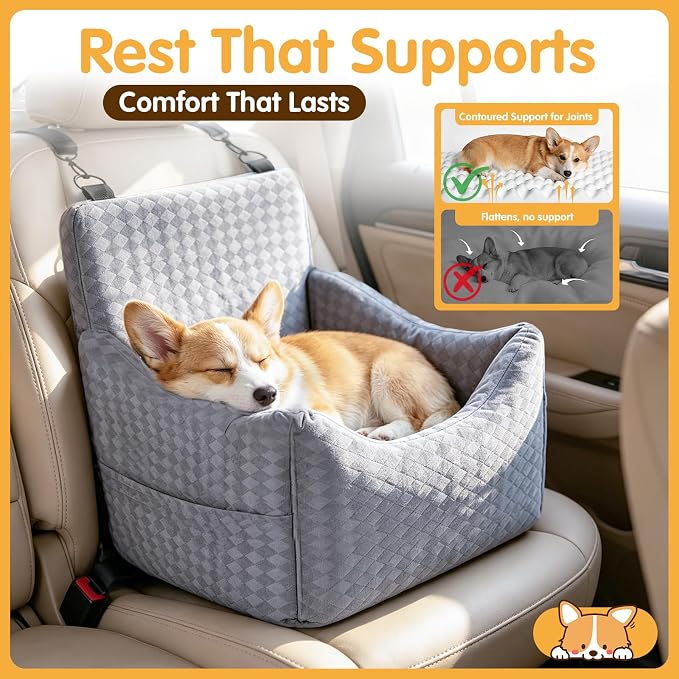 Topmart Dog Car Seat for Small Medium Dogs Under 35lbs, Cozy Pet Seat | Foam Safety Dog Booster Seat for Back Seat, Pet Bed for Car with Safety Tether, Storage Pockets, Machine Washable Cover, Grey - Image 3