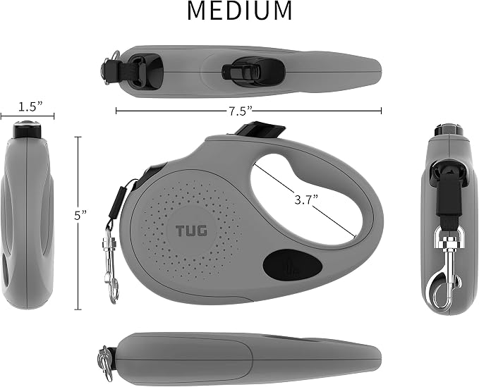 TUG Oval 360° Tangle-Free Retractable Dog Leash with Integrated Waste Bag Dispenser (Medium, Grey) - Image 3