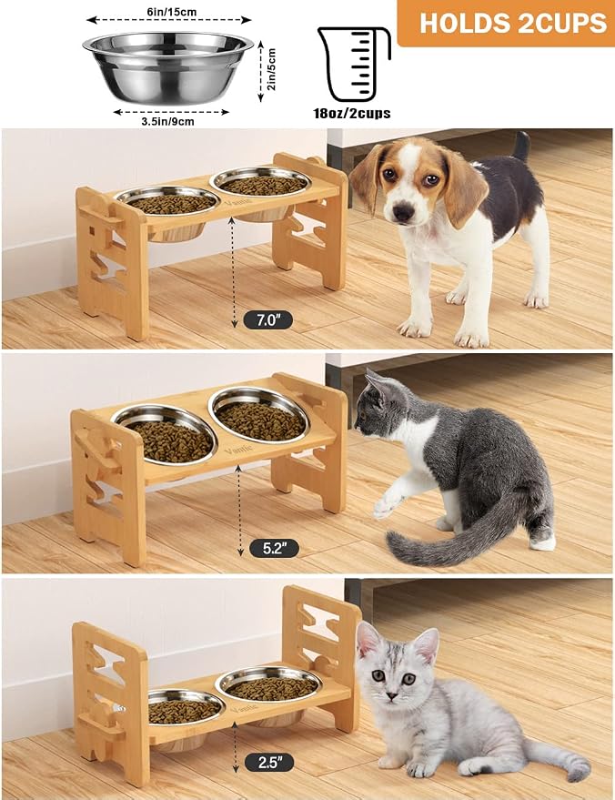 Elevated Dog Bowls, Raised Dog Bowl Stand Adjustable Small, Natural | Bamboo Elevated Feeder with 2 Stainless Steel Bowls, Adjustable Height Stand for Small Puppies and Cats - Image 2