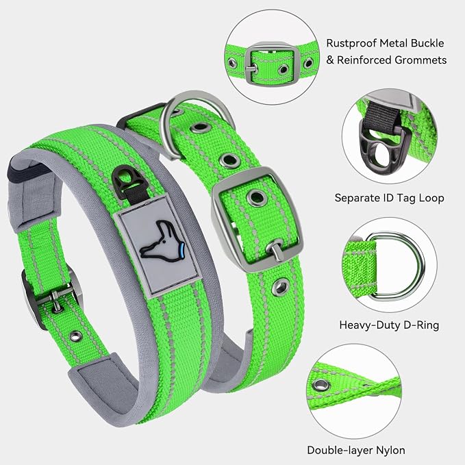 Joytale Reflective Dog Collar for Small Dogs with Wide Padding, Green | Soft Cushion Reduce Neck Strain, Night Safety Walking, Metal Buckle and Adjustable Eyelets, Separated Dog ID Tag Ring - Image 3
