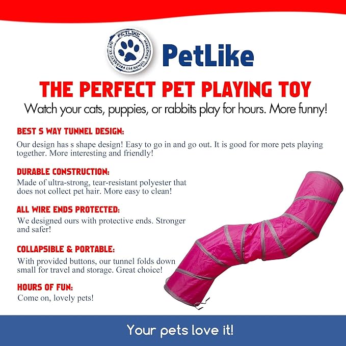 PetLike S Way Cat Tunnel Collapsible Pop-up Pet Tube Hideaway Play Toy with Ball (S-Way, Rose Red) - Image 4