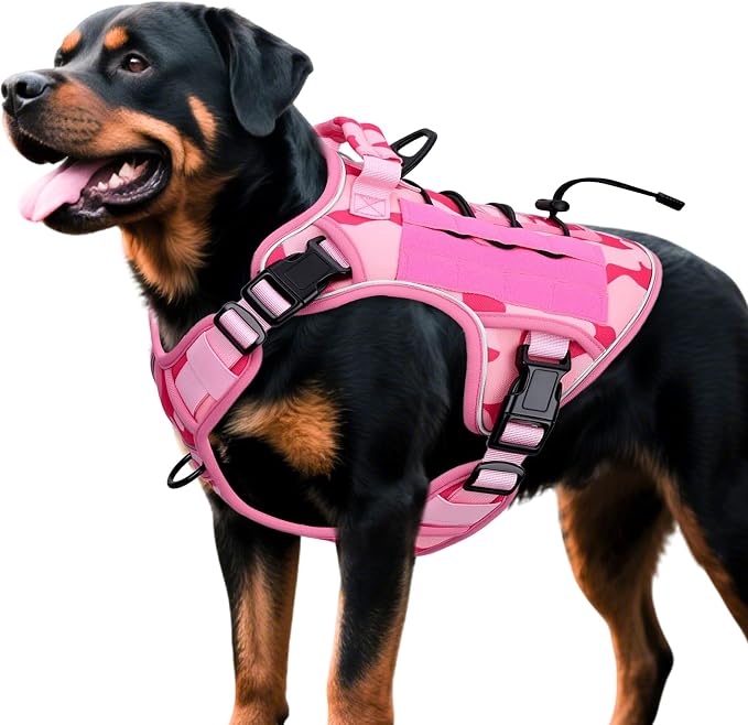 Heavy-Duty Tactical Dog Harness for Large Dogs, No Pull Adjustable Reflective Pet Vest with Molle System, K9 Military-Grade Control for Service Training, Outdoor & 10+ Breeds, Pink Camo, X-Large by Bruvoalon