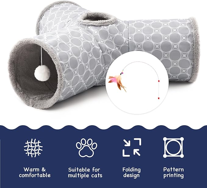Tempcore Cat Tunnel for Indoor Cats Fleece-Lined in for Warmth, 3 Way Collapsible Pet Play Tunnel with Teaser Wand, Peek Holes & Hanging Ball, Interactive Tube for Kittens & Rabbits, Geometry Grey - Image 7