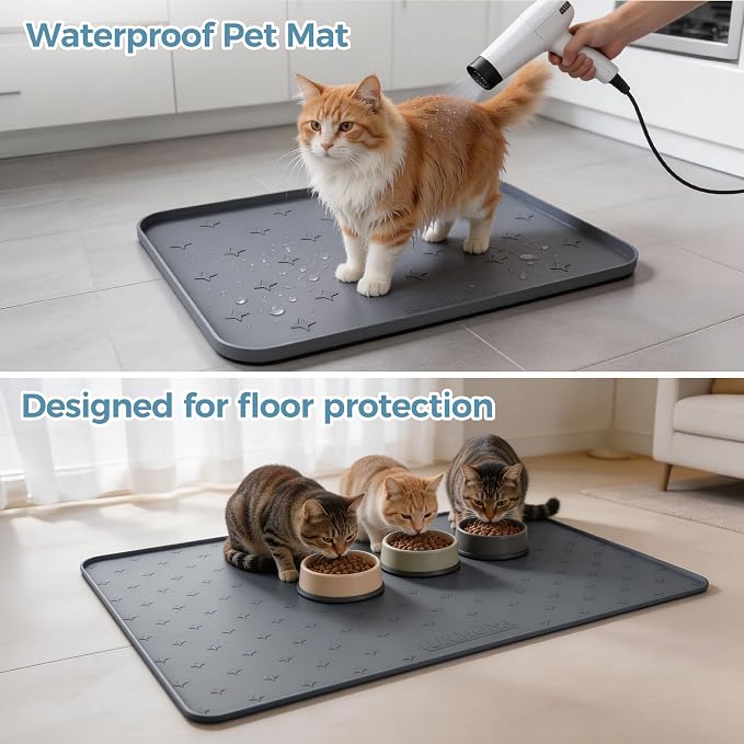URMONA Cat Litter Mat & Dog Food Mat, 35 x 25 in Waterproof Silicone Tray | Raised Edge Tray for Pet Bowls and Litter Boxes, Helps Contain Water, Food and Litter to Protect Floors, Easy-Care Light Gray - Image 6