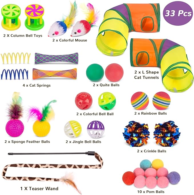 Retro Shaw 33PCS Interactive Cat Toys, Cat Play Tunnels for Indoor Cats | Kitten Feather Wand Springs Crinkle Balls Bell Plush Mice Chew Kicker, Relieves Boredom & Anxiety - Image 2
