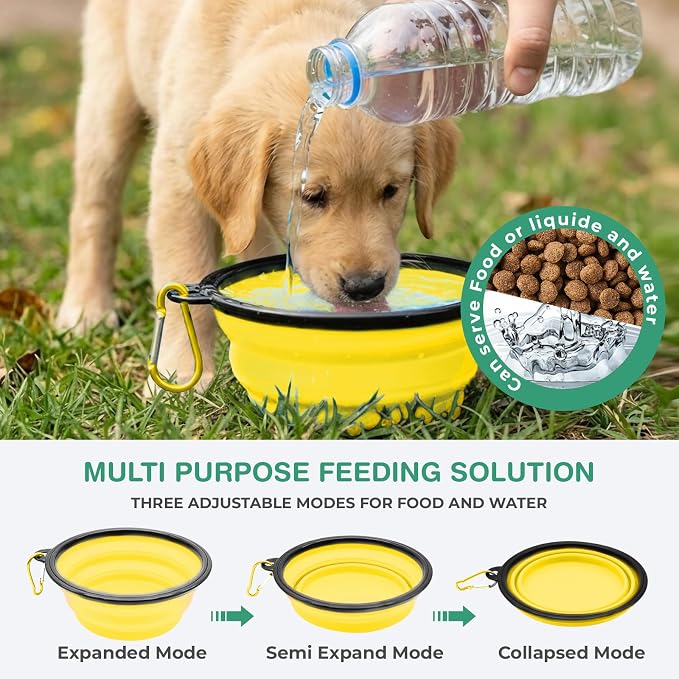 Collapsible Dog Water Bowls, Foldable Pet Feeding Dish, Yellow | Portable, Travel, Food Bowl, Dogs and Cats, Walking Hiking Camping, Carabiner, BPA Free - Image 2